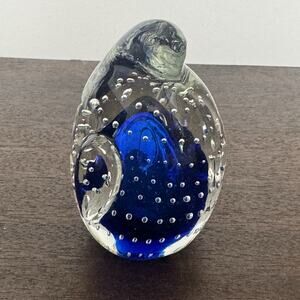 Penguin Controlled Bubbles Glass Paperweight Figurine Clear Cobalt Blue Art Deco